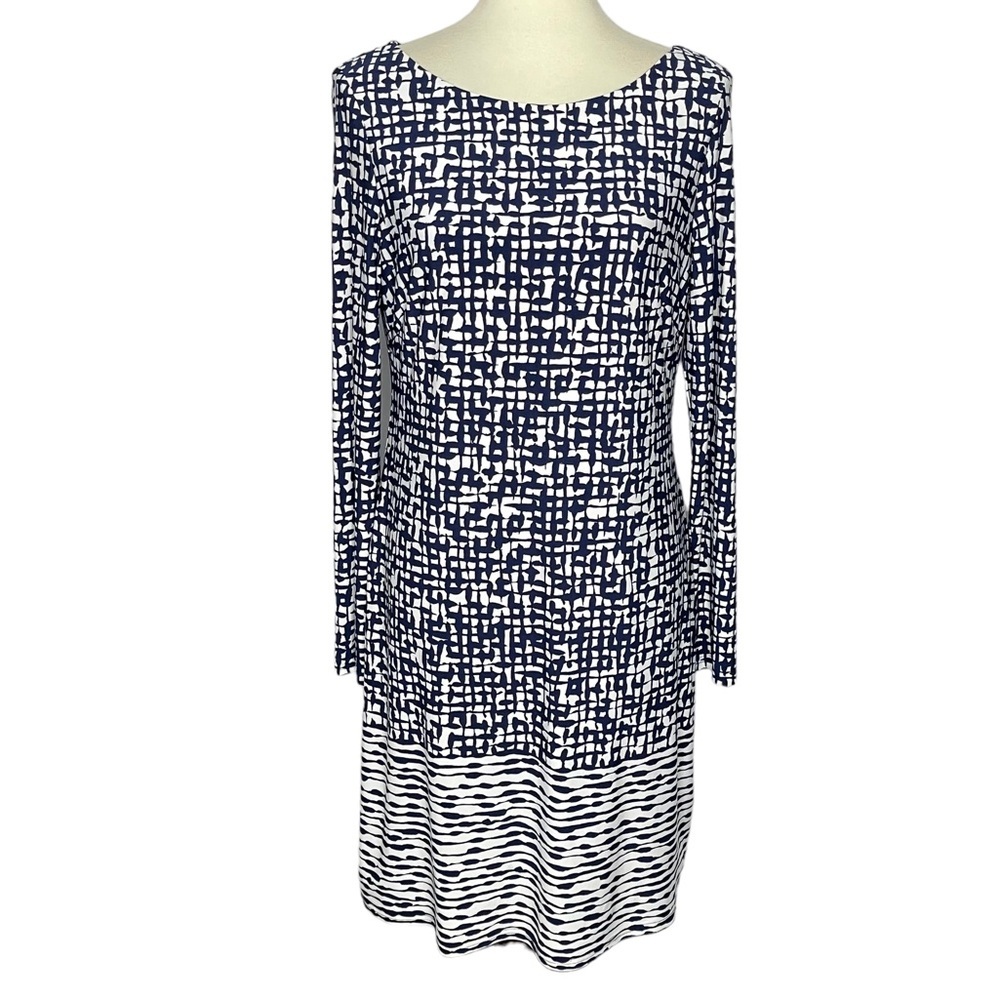 Vince Camuto Dress Womens 8 Blue White Print Long Sleeve Lined Stretch Zip‎ Back